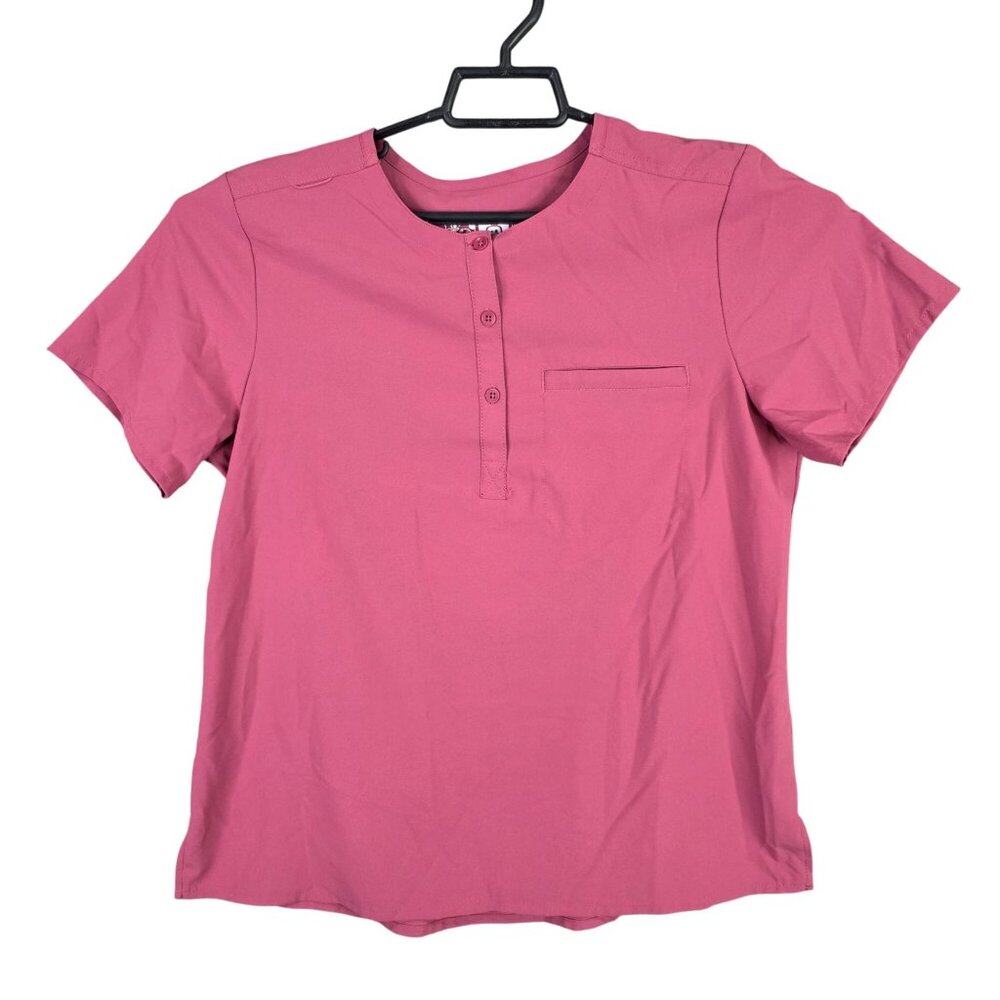 Womens Wonder Wink Renew Pink Scrub Top Modern Fit Short Sleeve 1/4 Button M